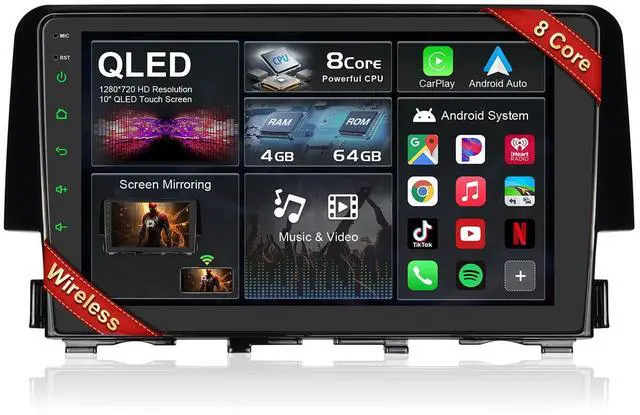 Main image of 8 core 4GB+64GB Car Stereo for Honda Civic 2016 2017 2018 2019 2020 2021, 9 Inch Touch Screen Wireless Carplay Andriod Auto, 5G Wi-Fi Bluetooth GPS SWC DSP FM