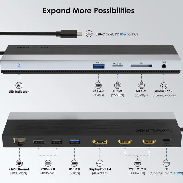 Alt view image 2 of 6 - USB C Docking Station, USB-C Dock Triple Display PD 85W,USB Type C Hub with DisplayPort, HDMI, USB 2.0/3.0, Gigabit Ethernet, SD/TF Slot, Audio Jack for Windows and Mac