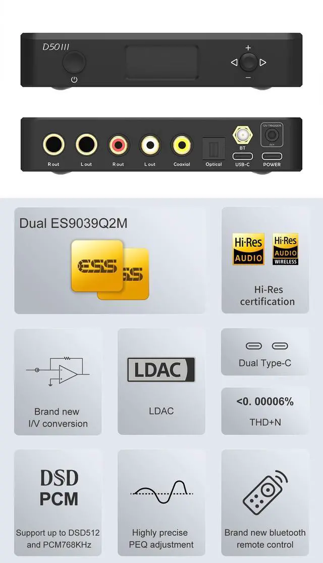 Alt view image 2 of 6 - Topping D50 III DAC Preamplifier - LDAC Bluetooth 5.1 Dual ES9039Q2M D/A Chips Supports DSD512 PCM768kHz,PEQ Adjustment and Remote Control (Silver)