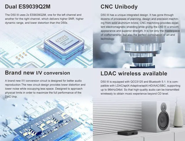 Alt view image 4 of 6 - Topping D50 III DAC Preamplifier - LDAC Bluetooth 5.1 Dual ES9039Q2M D/A Chips Supports DSD512 PCM768kHz,PEQ Adjustment and Remote Control (Silver)
