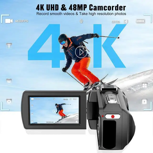 Alt view image 2 of 6 - Camcorder Video Camera 4K 48MP HD Camera Recorder, 18X Digital Zoom 3" Touch Screen Vlogging Camera for YouTube with Microphone, Stabilizer, Lens Hood, Remote and 2 Batteries