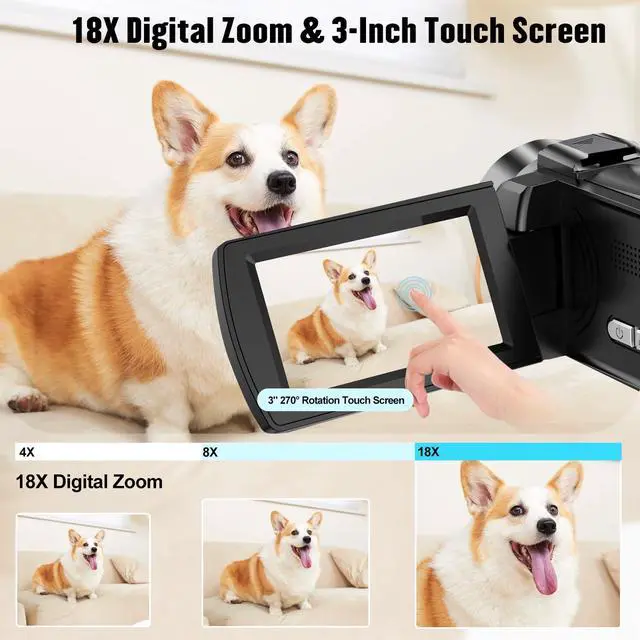 Alt view image 3 of 6 - Camcorder Video Camera 4K 48MP HD Camera Recorder, 18X Digital Zoom 3" Touch Screen Vlogging Camera for YouTube with Microphone, Stabilizer, Lens Hood, Remote and 2 Batteries