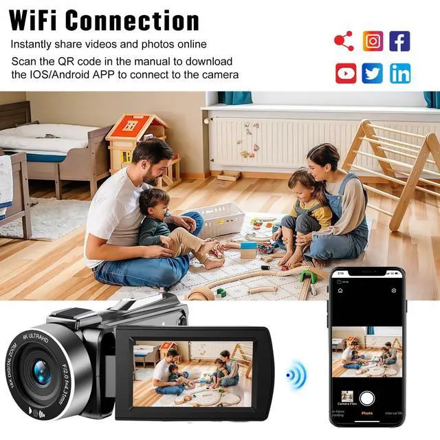 Alt view image 4 of 6 - Camcorder Video Camera 4K 48MP HD Camera Recorder, 18X Digital Zoom 3" Touch Screen Vlogging Camera for YouTube with Microphone, Stabilizer, Lens Hood, Remote and 2 Batteries