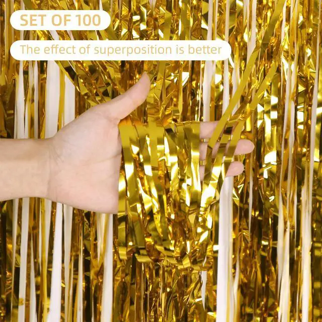 Alt view image 2 of 6 - 100 Pack Gold Foil Fringe Backdrop Curtains 3.2ft x 8.2ft Gold Tinsel Foil Fringe Curtains for Birthday Party Decorations Photo Booth Backdrop for Halloween Christmas New Year Holiday Decorations