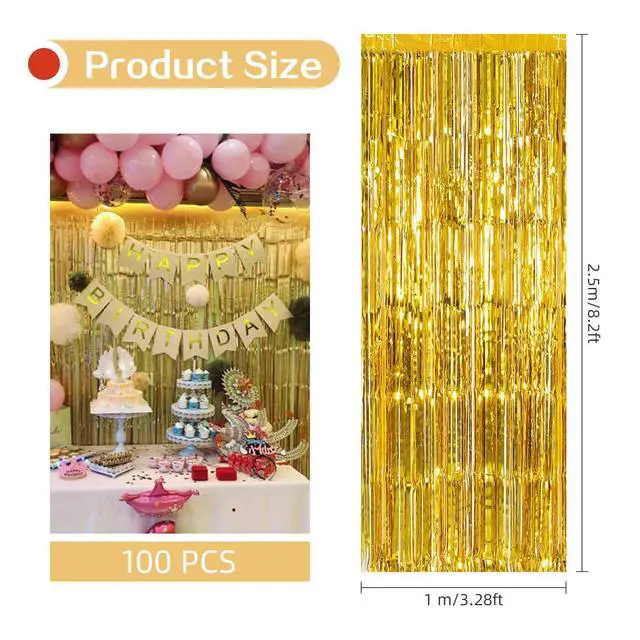 Alt view image 3 of 6 - 100 Pack Gold Foil Fringe Backdrop Curtains 3.2ft x 8.2ft Gold Tinsel Foil Fringe Curtains for Birthday Party Decorations Photo Booth Backdrop for Halloween Christmas New Year Holiday Decorations