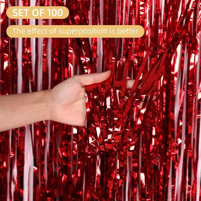 Alt view image 2 of 6 - 100 Pack Red Foil Fringe Backdrop Curtains 3.2ft x 8.2ft Tinsel Foil Fringe Curtains for Birthday Party Decorations Photo Booth Backdrop for Halloween Christmas New Year Holiday Decorations