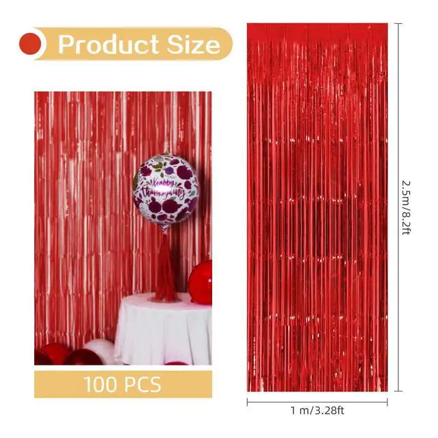 Alt view image 3 of 6 - 100 Pack Red Foil Fringe Backdrop Curtains 3.2ft x 8.2ft Tinsel Foil Fringe Curtains for Birthday Party Decorations Photo Booth Backdrop for Halloween Christmas New Year Holiday Decorations