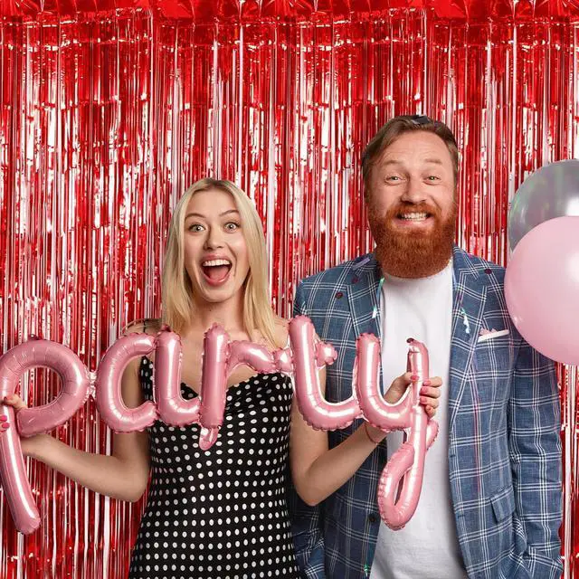 Alt view image 5 of 6 - 100 Pack Red Foil Fringe Backdrop Curtains 3.2ft x 8.2ft Tinsel Foil Fringe Curtains for Birthday Party Decorations Photo Booth Backdrop for Halloween Christmas New Year Holiday Decorations