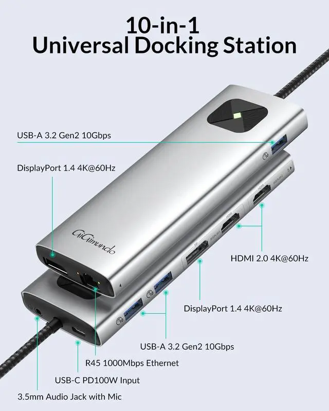 Alt view image 2 of 6 - LK10 10 in 1 Laptop Docking Station Dual Monitor, USB C Hub Dual 4K@60Hz HDMI, 2 DP, 3 USB A, 100W PD, 1000Mbps Ethernet, 3.5MM Audio, USB Multiport C Adapter for MacBook/DELL/HP/Lenovo
