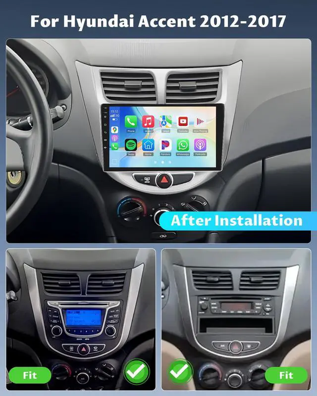 Alt view image 2 of 6 - 4+64G Android 15 Car Radio for Hyundai Accent 2012 2013 2014 2015 2016 2017 Wireless CarPlay Android Auto 9 inch IPS Touch Screen Stereo DSP Bluetooth GPS WiFi Backup Camera Mic