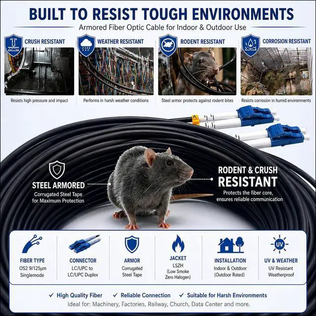 Alt view image 5 of 6 - ® - 50m/164ft Outdoor and Indoor Shielded Armored Fiber Optic Cable LC/UPC to LC/UPC OS2 Singlemode Duplex 9/125m LSZH, Black 50 Meters