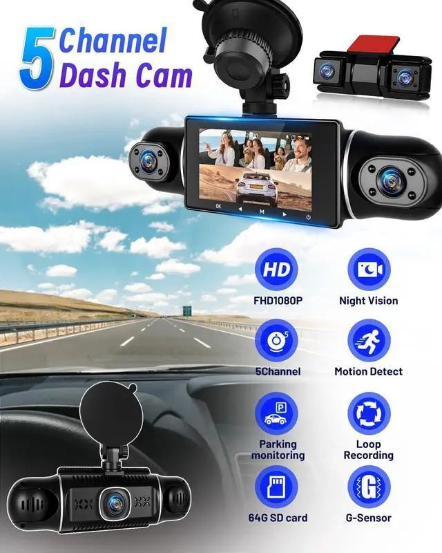 Alt view image 2 of 6 - 5 Channel Dash Cam 360°View with WiFi & APP Control, 5x1080P Front and Rear Inside Left Right, Five Cameras with 64GB Card, G-Sensor, 24 Hours Parking Mode, Loop Recording, Night Vision