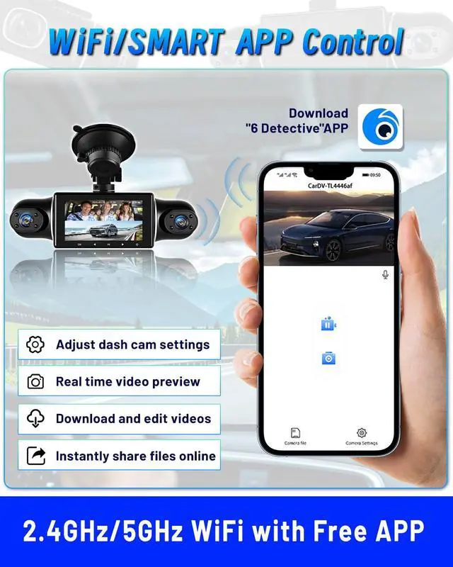 Alt view image 4 of 6 - 5 Channel Dash Cam 360°View with WiFi & APP Control, 5x1080P Front and Rear Inside Left Right, Five Cameras with 64GB Card, G-Sensor, 24 Hours Parking Mode, Loop Recording, Night Vision