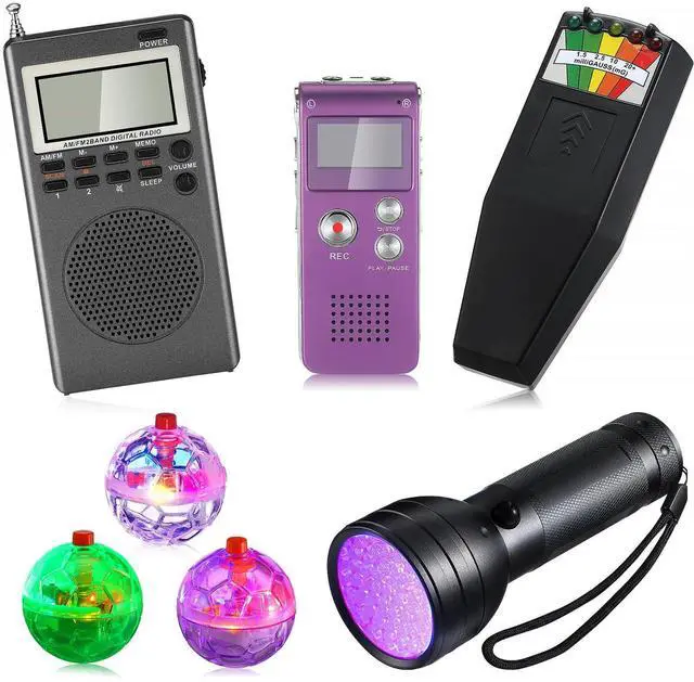 Main image of 7 Pcs Ghost Hunting Equipment Kit 1 Electromagnetic Paranormal Radiation Detector 1 Digital EVP Voice Recorder 1 Hand Held Radio 1 UV Flashlight 3 LED Light up Cat Balls, 8gb(Multicolor)