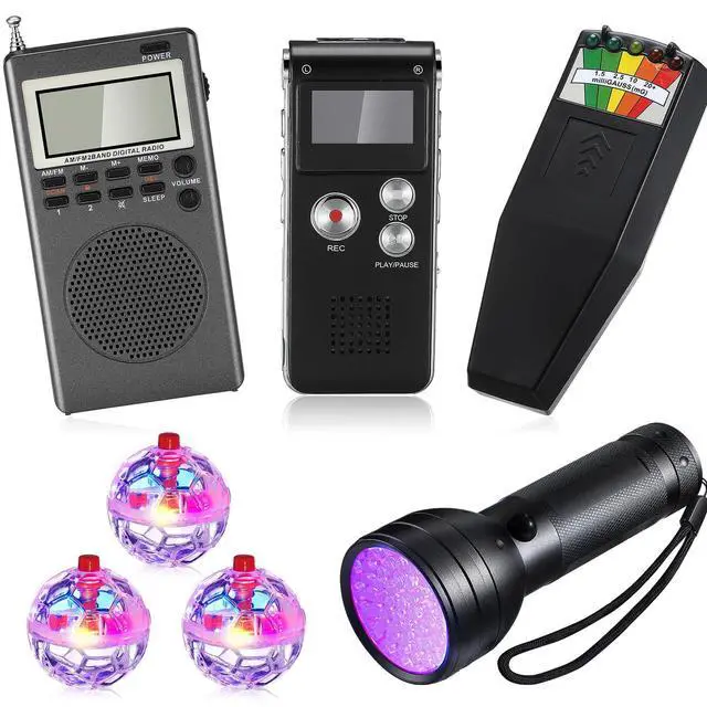 Main image of 7 Pcs Ghost Hunting Equipment Kit 1 Electromagnetic Paranormal Radiation Detector 1 Digital EVP Voice Recorder 1 Hand Held Radio 1 UV Flashlight 3 LED Light up Cat Balls, 8gb(Clear)