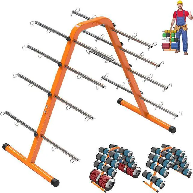 Main image of Portable Wire Spool Rack - Heavy-Duty Steel Cable Dispenser with 8 Adjustable Rods, Spool Rack Holder for Efficient Storage & Dispensing, 8" Max Capacity, Orange