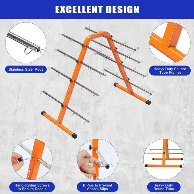 Alt view image 4 of 6 - Portable Wire Spool Rack - Heavy-Duty Steel Cable Dispenser with 8 Adjustable Rods, Spool Rack Holder for Efficient Storage & Dispensing, 8" Max Capacity, Orange