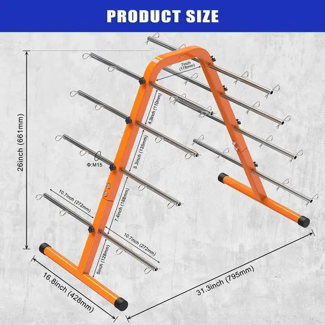 Alt view image 6 of 6 - Portable Wire Spool Rack - Heavy-Duty Steel Cable Dispenser with 8 Adjustable Rods, Spool Rack Holder for Efficient Storage & Dispensing, 8" Max Capacity, Orange