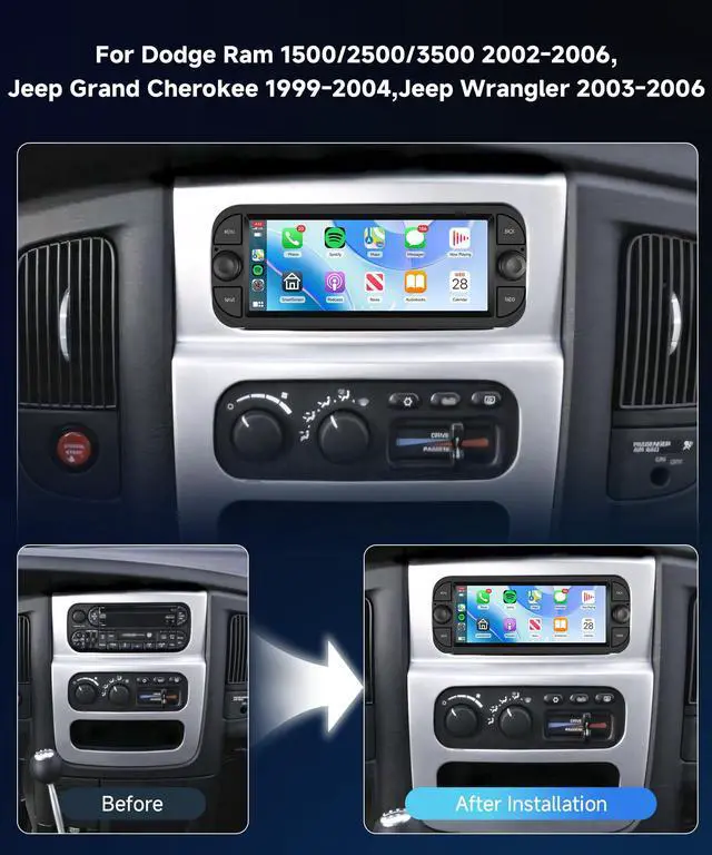 Alt view image 2 of 6 - 4+64G Radio for Dodge Ram 1500/2500/3500 2002-2006,for Jeep Grand Cherokee 1999-2004,for Jeep Wrangler 2003-2006-Android Wireless CarPlay Android Auto 6.86 IPS Touch Screen Car Radio for Dodge Ram