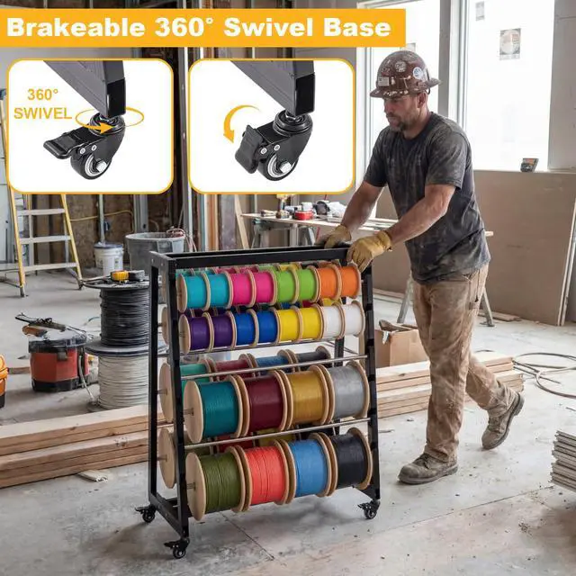 Alt view image 4 of 6 - Heavy Duty 8 Rod Wire Spool Rack with Locking Wheels 400 lb Capacity Cable Dispenser for Electrical, Industrial and Retail Use, Adjustable Stainless Steel Rods, Mobile Wire Holder Organizer