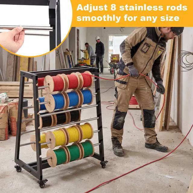 Alt view image 5 of 6 - Heavy Duty 8 Rod Wire Spool Rack with Locking Wheels 400 lb Capacity Cable Dispenser for Electrical, Industrial and Retail Use, Adjustable Stainless Steel Rods, Mobile Wire Holder Organizer