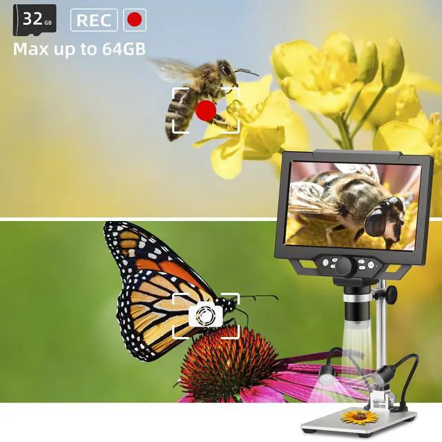 Alt view image 4 of 6 - 9-inch LCD Digital Microscope - 12MP 1600x 1080P HD, 32G TF Card & 5000mAh Battery, 10-inch Stand & Side Light for Plant/Rock/Circuit Board/Coin Detection and Analysis