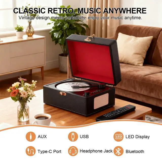 Alt view image 2 of 6 - CD Player Portable Bluetooth, Black Retro CD Player for Home Music Player, Rechargeable Battery & Built-in Speakers, with Led Display, Headphone Jack, USB & AUX Playback, for Music Lovers(Black)