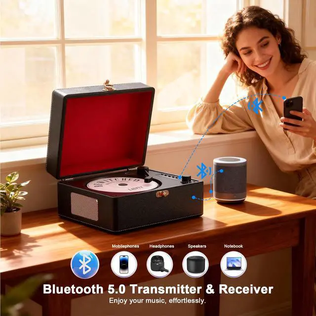 Alt view image 3 of 6 - CD Player Portable Bluetooth, Black Retro CD Player for Home Music Player, Rechargeable Battery & Built-in Speakers, with Led Display, Headphone Jack, USB & AUX Playback, for Music Lovers(Black)
