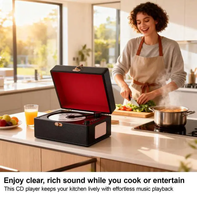 Alt view image 5 of 6 - CD Player Portable Bluetooth, Black Retro CD Player for Home Music Player, Rechargeable Battery & Built-in Speakers, with Led Display, Headphone Jack, USB & AUX Playback, for Music Lovers(Black)