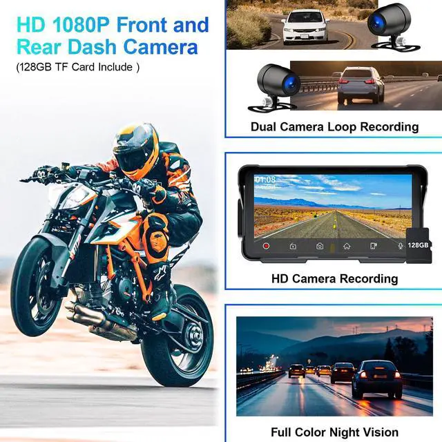 Alt view image 3 of 6 - Premium Motorcycle Dash Cam DVR: Wireless Motorcycle Carplay & Android Auto, Dual HD 1080P Cameras, 5.5" IP68 Waterproof Touch Screen, Remote Control, BT, Siri & Google Voice, Include 128G SD Card