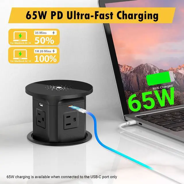 Alt view image 2 of 6 - Pop Up Outlet for Countertop Kitchen, 65W USB C Wireless Counter Top Electrical Power Outlet, 15A/1875W Receptacle Charging Station Recessed Popup Plugs for Island Conference Table Office