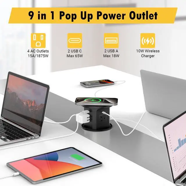 Alt view image 4 of 6 - Pop Up Outlet for Countertop Kitchen, 65W USB C Wireless Counter Top Electrical Power Outlet, 15A/1875W Receptacle Charging Station Recessed Popup Plugs for Island Conference Table Office