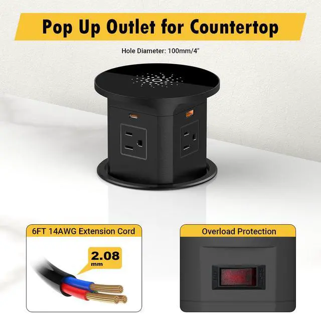 Alt view image 5 of 6 - Pop Up Outlet for Countertop Kitchen, 65W USB C Wireless Counter Top Electrical Power Outlet, 15A/1875W Receptacle Charging Station Recessed Popup Plugs for Island Conference Table Office