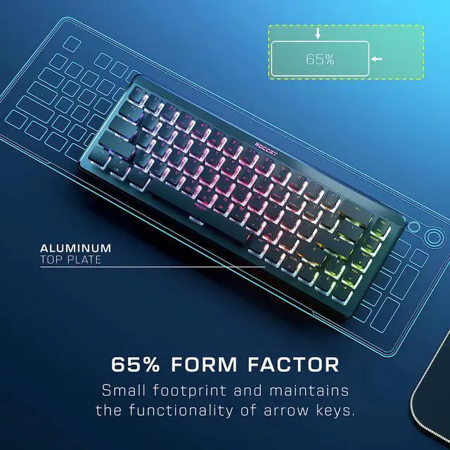 Alt view image 2 of 6 - Vulcan II Mini Air 65% Optical Mechanical Gaming Keyboard, Full Wireless and Bluetooth Capabilities, Customizable RGB Illumination, Button Duplicator, On-Board Profiles, Aluminum Plate Black