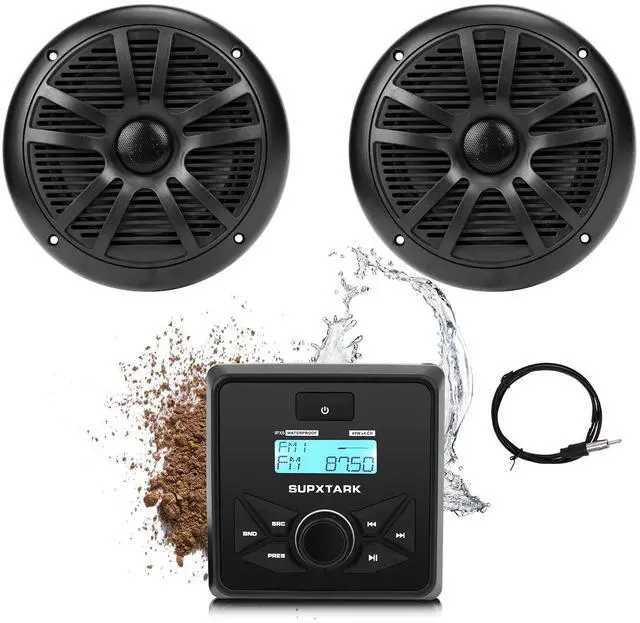 Main image of Marine Stereo Audio System with Marine Speakers and Gauge Receiver Package, IPX6 Weatherproof Bluetooth Audio Receiver and AM FM Radio Receiver, USB, MP3, Aux input, 2 x 6.5 Inch Black Marine Speakers