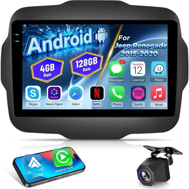 Main image of 4G+128G Car Stereo for Jeep Renegade 2015 2016 2017 2018 2019 2020 - Wireless Carplay & Android Auto - 9 Inch Android 15 Touchscreen Radio with EQ/5GHz WiFi/GPS/SWC, AHD Rear View Camera