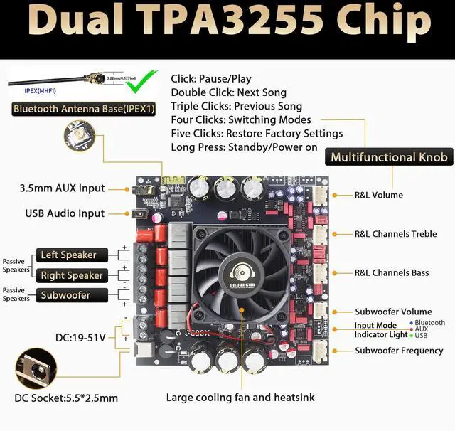 Alt view image 2 of 6 - S600X-W Bluetooth 5.2 2.1 Channel Power Amplifier Board with Extension Knobs, TPA3255 Chip, 300W+300W+600W High Output, DIY Panel Included, for Home Theater & Speaker Projects