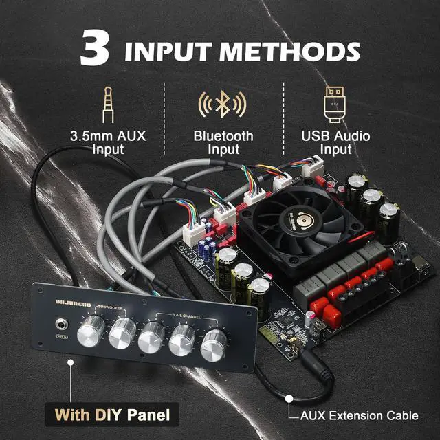 Alt view image 4 of 6 - S600X-W Bluetooth 5.2 2.1 Channel Power Amplifier Board with Extension Knobs, TPA3255 Chip, 300W+300W+600W High Output, DIY Panel Included, for Home Theater & Speaker Projects