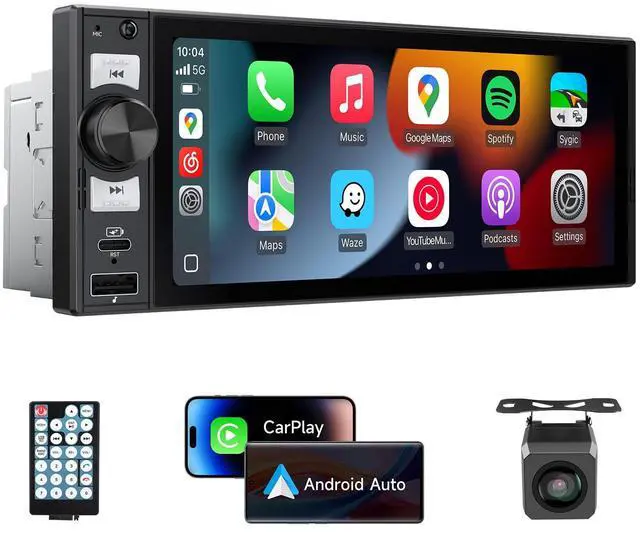 Main image of Single Din Car Stereo 6" Wireless CarPlay & Android Auto in-Cell Touchscreen,Bluetooth,FM/AM Car Radio,Mirror Link,SWC,EQ,USB&Type-C,GPS Navigation,Backup Camera
