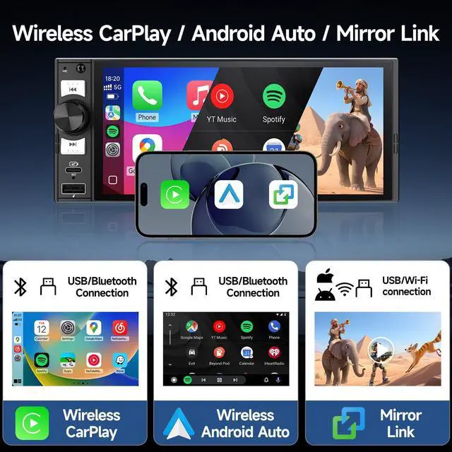 Alt view image 2 of 6 - Single Din Car Stereo 6" Wireless CarPlay & Android Auto in-Cell Touchscreen,Bluetooth,FM/AM Car Radio,Mirror Link,SWC,EQ,USB&Type-C,GPS Navigation,Backup Camera
