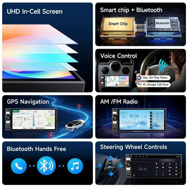 Alt view image 3 of 6 - Single Din Car Stereo 6" Wireless CarPlay & Android Auto in-Cell Touchscreen,Bluetooth,FM/AM Car Radio,Mirror Link,SWC,EQ,USB&Type-C,GPS Navigation,Backup Camera