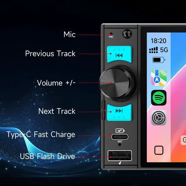 Alt view image 6 of 6 - Single Din Car Stereo 6" Wireless CarPlay & Android Auto in-Cell Touchscreen,Bluetooth,FM/AM Car Radio,Mirror Link,SWC,EQ,USB&Type-C,GPS Navigation,Backup Camera