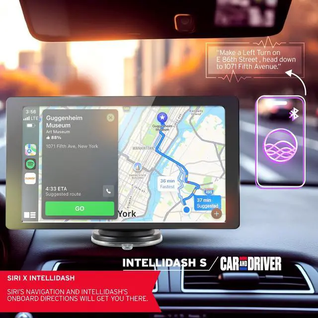 Alt view image 6 of 6 - INTELLIDASH 7" HD Touchscreen Portable Apple CarPlay Wireless Android Auto Screen for Car, Bluetooth Stereo, Backup Camera Support, Mirror Link, GPS Navigation, Siri, Google, SiriusXM