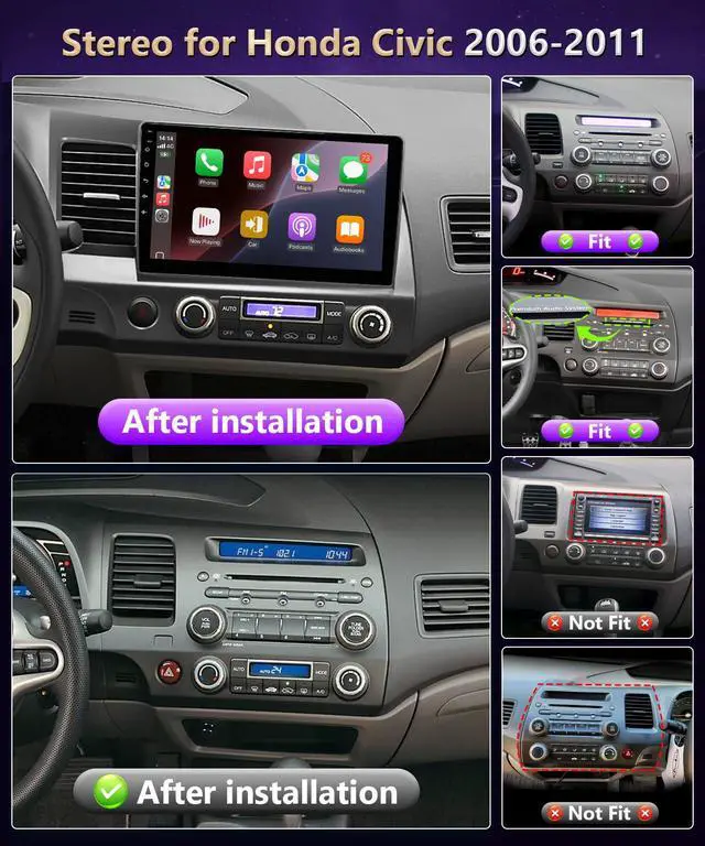 Alt view image 3 of 6 - 8 CORE Car Stereo for Honda Civic 2006 to 2011 Wireless CarPlay Android Auto, 10.1" IPS Touchscreen for Civic Radio Head Unit GPS Navi 5G WiFi Bluetooth FM RDS DSP SWC AHD Camera MIC