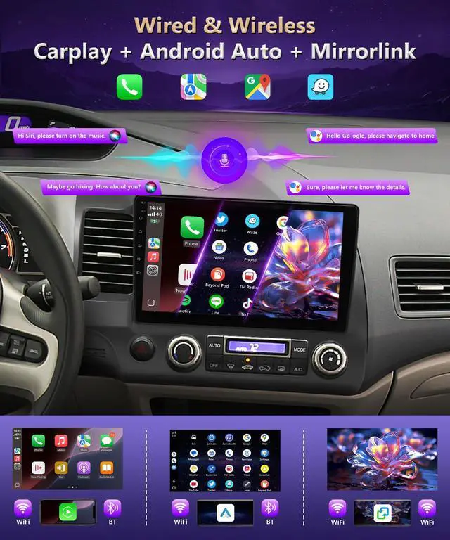 Alt view image 4 of 6 - 8 CORE Car Stereo for Honda Civic 2006 to 2011 Wireless CarPlay Android Auto, 10.1" IPS Touchscreen for Civic Radio Head Unit GPS Navi 5G WiFi Bluetooth FM RDS DSP SWC AHD Camera MIC