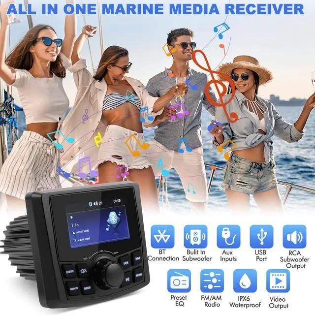 Alt view image 2 of 6 - Boat Radio Marine Stereo Receiver,Waterproof Digital Multimedia MP5 Player with 3" LCD Display,Wireless Connection, Multi-Mode Playback AM/FM Tuner, AUX USB Preset EQ Subwoofer, for Car, Boat, ATV, RV