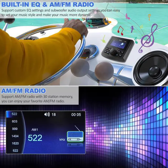 Alt view image 4 of 6 - Boat Radio Marine Stereo Receiver,Waterproof Digital Multimedia MP5 Player with 3" LCD Display,Wireless Connection, Multi-Mode Playback AM/FM Tuner, AUX USB Preset EQ Subwoofer, for Car, Boat, ATV, RV