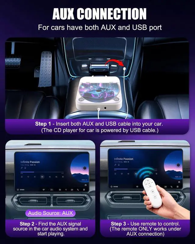 Alt view image 5 of 6 - CD Player for Car USB Port AUX Port, External Car CD Player with USB-C Adapter, Extension Cable, for Cars Without CDs Player, Work Vertically and Horizontally for Car Stereo