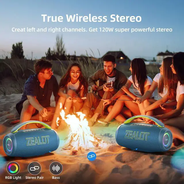 Alt view image 4 of 6 - Portable Bluetooth Speaker, 80W Peak Waterproof Loud Booming Sound Speakers, Dual Pairing, XBass, 25H Playtime, Outdoor Speaker with Handle for Camping, Beach, Party, Backyard(Blue)