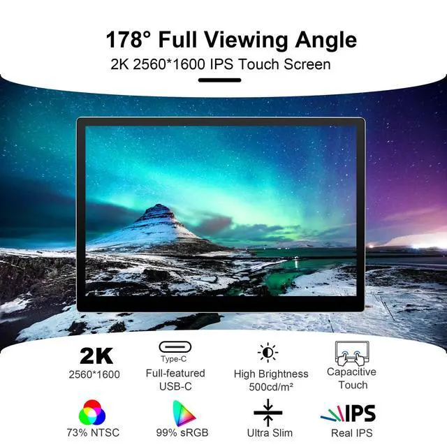 Alt view image 2 of 6 - Portable Monitor 9 inch 2K 2560 * 1600 IPS Touch Screen 73% NTSC USB C HDMI Secondary External Computer Laptop LCD Monitor for MacBook Pro Air PC Laptop Phone Xbox PS5